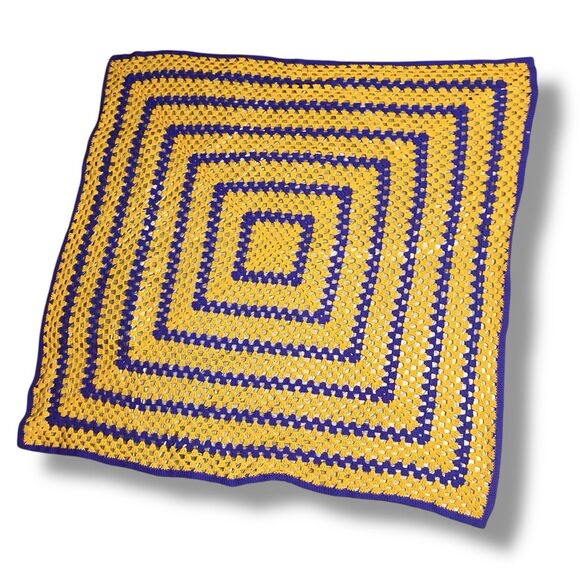 Afghan Blanket Purple Gold Granny Square  36 X 36 - Picture 4 of 7